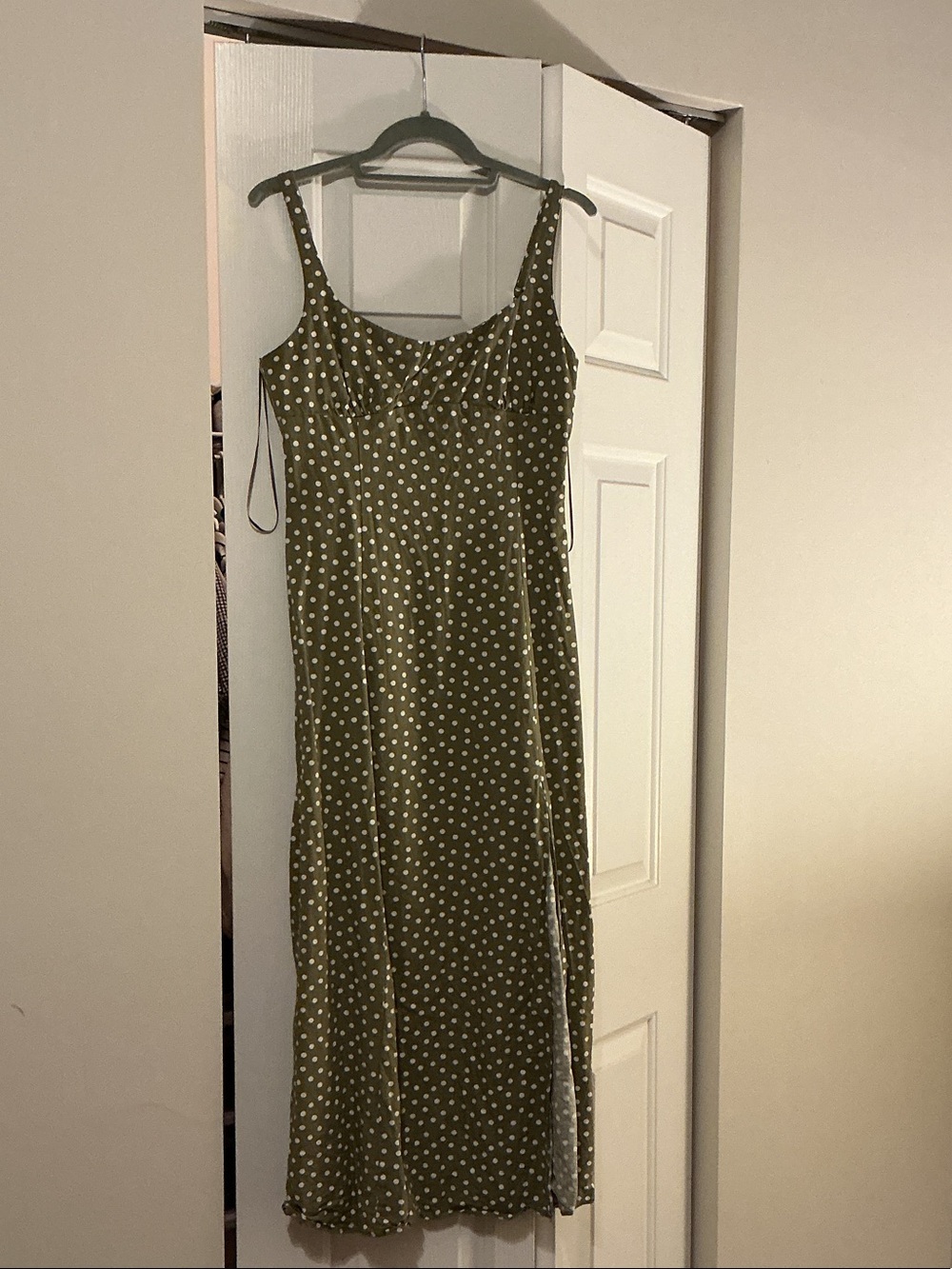 Zara Olive Green Midi Dress with White Polka Dots
